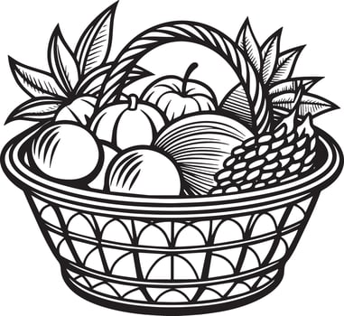 basket with fruits illustration black and white vector
