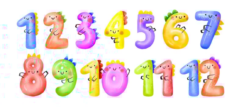 Monthly childish numbers with cute dinosaurs. Dinocards template vector