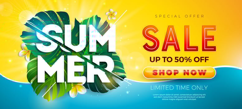 Summer Sale Design with Flower and Exotic Leaves on Yellow and Blue Background. Tropical Floral Beach Holiday Illustration with Special Offer Typography for Coupon, Voucher, Banner, Flyer vector