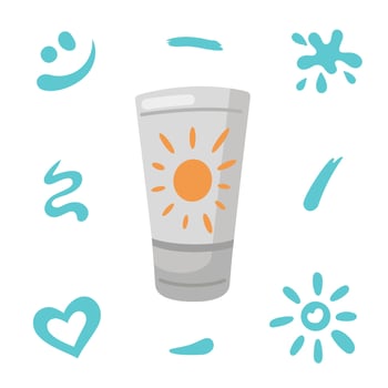 Sun protection, suntan lotion tube. Beach holidays concept. Flat design, cartoon SPF cosmetic product with suntan cream strokes. Sunscreen bottle, jar. vector
