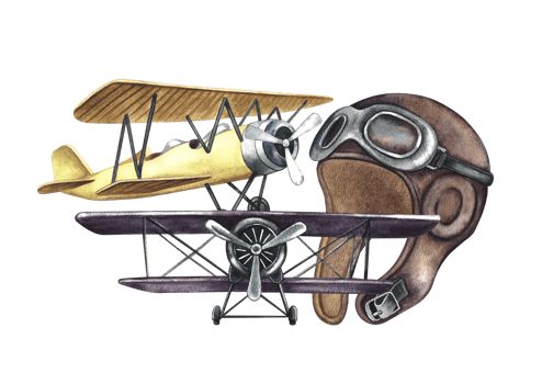 Vintage retro airplanes, an old pilot's helmet. An illustration made by hand in watercolor. Vintage liners, front and side view. For badges, stickers and prints. For labels, postcards and packaging. png