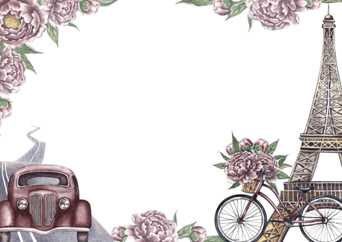Vintage frame with retro car, Eiffel tower, bicycle and road. Decorated with peony flowers. A retro-style journey. A watercolor illustration made by hand. For postcards, banners and posters. png