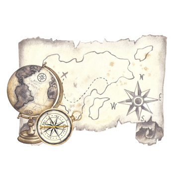 Vintage globe and compass with an ancient map of the island. Handmade watercolor illustration in screw style. For banners, flyers, posters. For printing, stickers and packaging. png