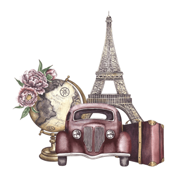 A retro car and an antique globe of the earth, the Eiffel Tower and a suitcase. A watercolor illustration made by hand. Vintage travel. For banners, flyers, posters. For prints, stickers, postcards. png