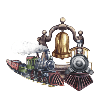 Vintage steam locomotives, and a steam locomotive bell. Watercolor illustration made by hand in retro style. For banners, flyers, posters. For prints, stickers, postcards and tickets. png