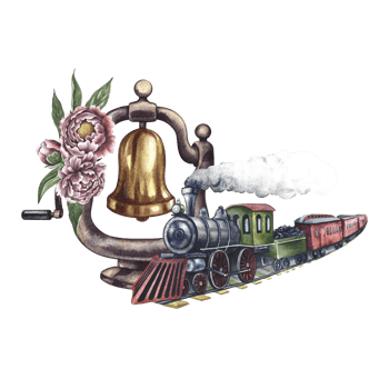 Vintage steam locomotive and locomotive bell decorated with flowers. Handmade watercolor illustration in vintage style. For postcards, badges and emblems for posters, prints or stickers, tickets. png