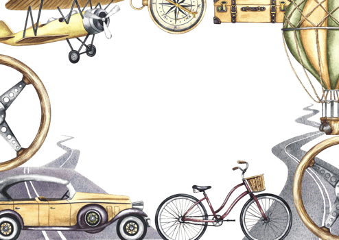 Border frame with vintage transports over land and sky Retro cars, bicycles, airplanes and balloons. A watercolor illustration made by hand. For banner, flyer, poster and printing. For postcards. png