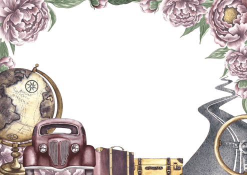 A frame with an image of retro cars and vintage flowers. Antique car steering wheel, paved roads. A retro-style journey. A watercolor illustration made by hand. For banners, flyers, posters, prints. png