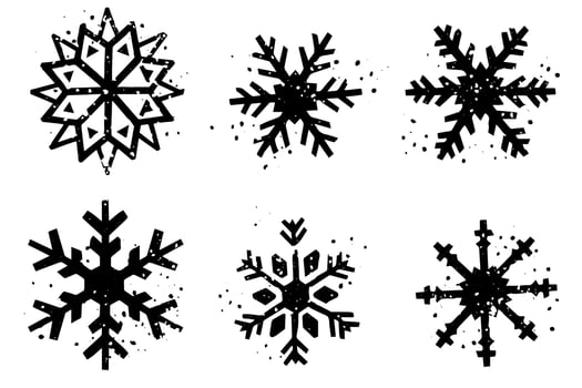 Grunge lino cut snowflakes stamps collection pack. Distressed textures set. Blank geometric shapes. Illustration. vector