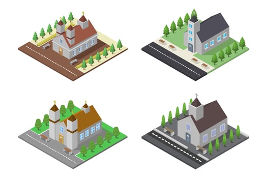 Isometric churches on white background vector