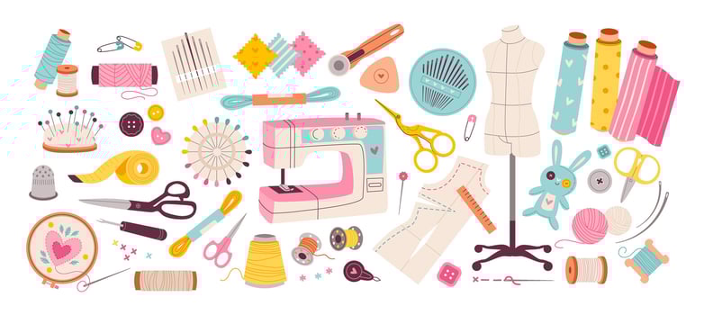 Sewing and embroidery collection. Sewing machine, threads and needles for needlework. Sewing tools, equipment and accessories vector