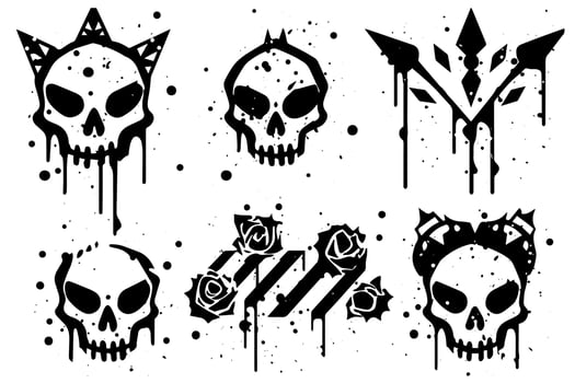 Set of hand drawn sketch grunge ink graphiti doodle scull. Tattoo collection. Illustration pack. vector