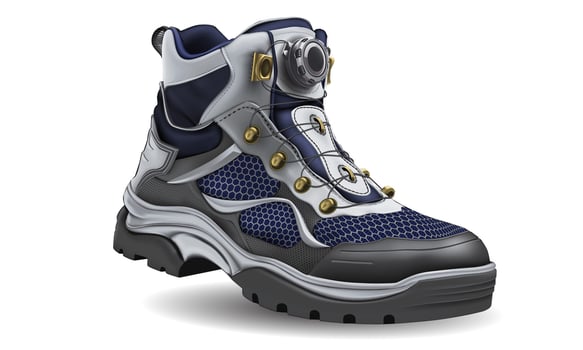 Realistic hiking shoe white leather black rubber blue fabric gold hook on white design for men vector