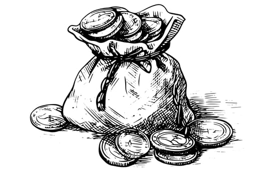 Vintage bag full of money coins hand drawn ink sketch. Engraving style illustration. vector
