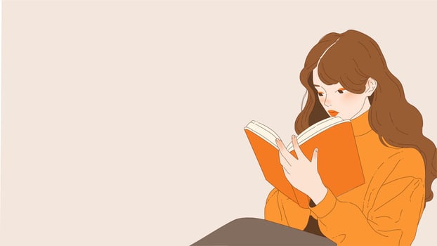 Young girl reading a book. Modern flt illustration. Young student with open book studying for exam. Love to read vector