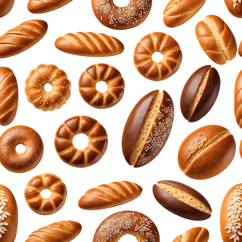 Set of bakery products isolated. Top view of bread, loaf and buns. Delicious, fresh baked goods. png