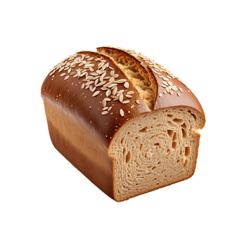 A cut loaf of rye bread isolated. Top view of the bread. Delicious, fresh baked goods. png