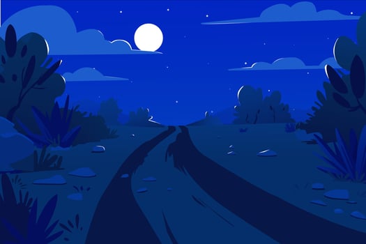 illustration of desert night landscape with road, in cartoon flat style. vector