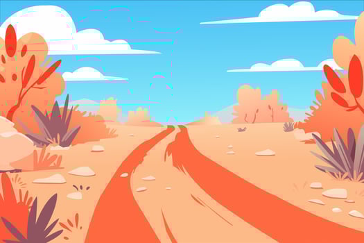 illustration of desert landscape with road, in cartoon flat style. vector