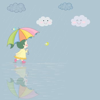 umbrella girl in rain. happy cute kid girl play wear raincoat. vector