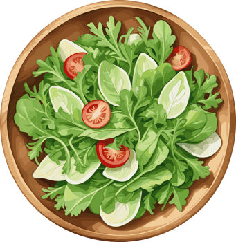 Isolated delicious salad in wooden bowl, watercolor cartoon clipart for healthy food, quick dinner recipes, vegan, vegetarian, diet, calories, home cooking, nutrition, menu, weight control png
