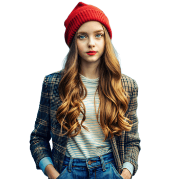 Stylish Young Woman Wearing Red Beanie and Plaid Jacket png