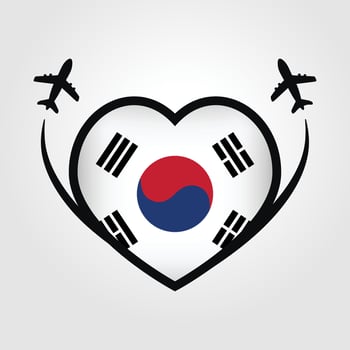 South Korea Travel Heart Flag With Airplane Icons vector