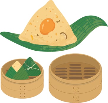 Sticky Rice Dumplings Wrapped with Bamboo Leaves, Peanuts, shiitake mushrooms, braised pork, meat, chestnuts, salted egg yolks Duanwu Cuisine and Food Ingredients Dragon Boat Festival steamer vector