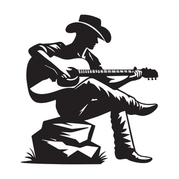 A Cowboy playing a guitar illustration in black and white vector