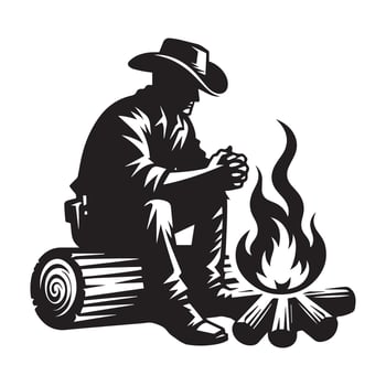 A Cowboy sitting on a log with campfire illustration in black and white vector