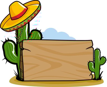 Blank wooden signpost background in the Mexican desert with cactus plants and a mariachi sombrero hat. vector