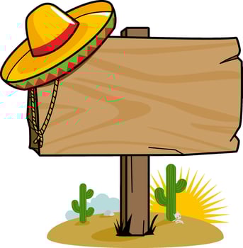 Blank signboard with mariachi sombrero hat background. A wooden signpost in the Mexican desert with cactus and a sombrero. vector