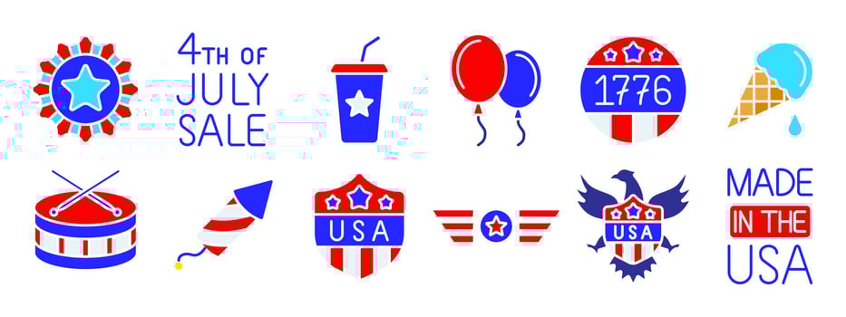 4th of July set icon. Drum, rocket, USA shield, balloons, eagle, fireworks, soda cup, calendar, American flag, hat, burger, barbecue, blimp, sunglasses, patriotic symbols. Independence Day concept vector
