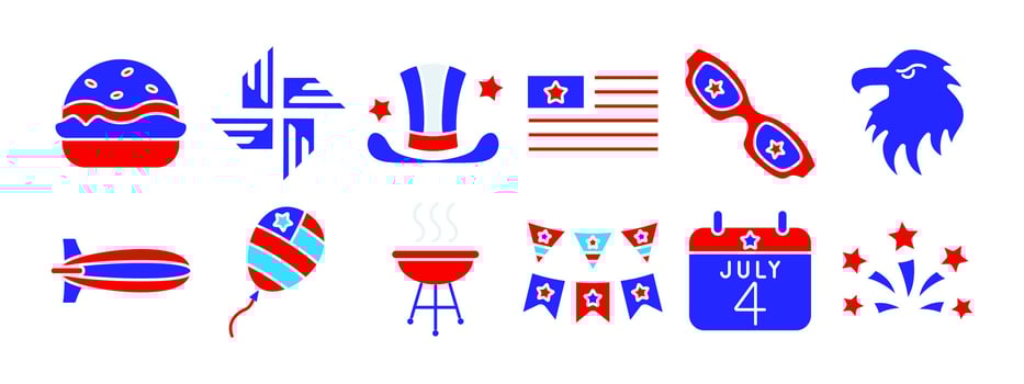 4th of July set icon. Drum, rocket, USA shield, balloons, eagle, fireworks, soda cup, calendar, American flag, hat, burger, barbecue, blimp, sunglasses, patriotic symbols. Independence Day concept vector