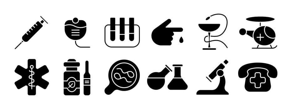 Medical set icon. Syringe, blood bag, test tubes, blood drop, helicopter, medical cross, medicine bottle, magnifying glass, flasks, microscope, phone with cross. Medicine, healthcare. vector