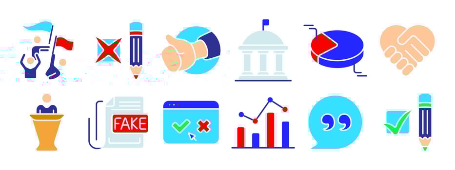 Politics set icon. Voting, debate, political campaign, handshake, government building, pie chart, ballot, exit poll, protest, podium, check mark, statistics, democracy, election concept. vector