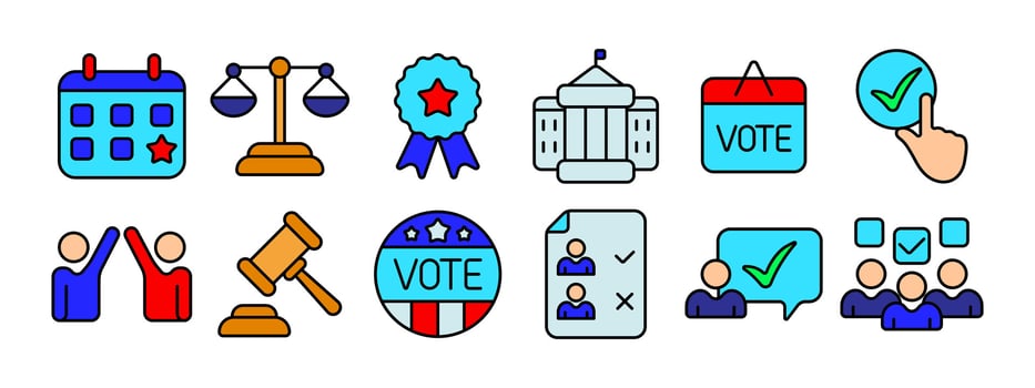 Election set icon. Calendar with star, balance scales, award ribbon, government building, sign, hand pointing at check mark, gavel, badge, candidate list. Elections, democracy. vector