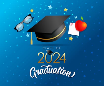 Class of 2024 Graduation congrats, creative banner with 3D elements vector