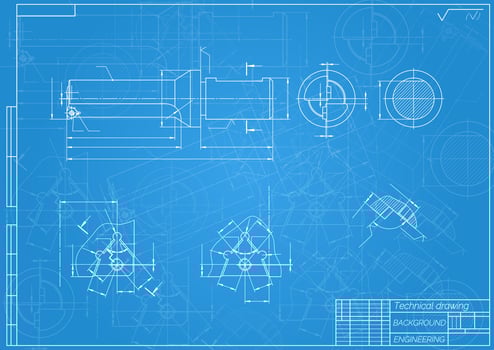Mechanical engineering drawings on blue background. Tap tools, borer. Technical Design. Cover. Blueprint. illustration vector