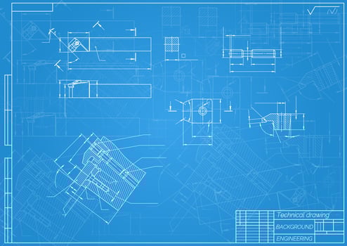 Mechanical engineering drawings on blue background. Cutter, assembly tool with replaceable multi-faceted plate. Technical Design. Cover. Blueprint. illustration vector