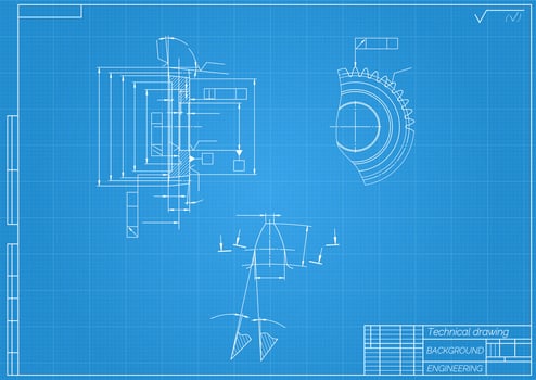 Mechanical engineering drawings on blue background. Gear cutting tool. Technical Design. Cover. Blueprint. illustration vector