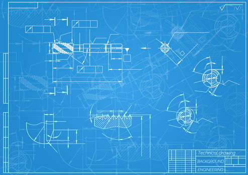 Mechanical engineering drawings on blue background. Tap tools, borer. Technical Design. Cover. Blueprint. illustration vector