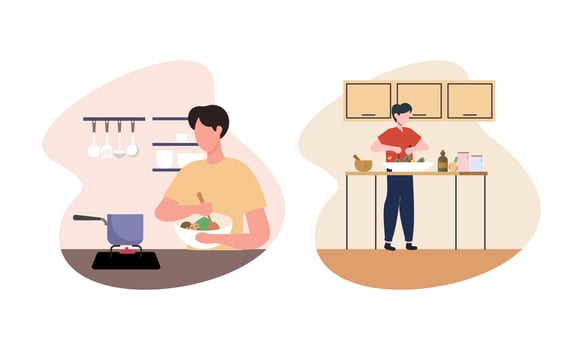 Collection of people cooking in kitchen, serving table, dining together, eating food vector