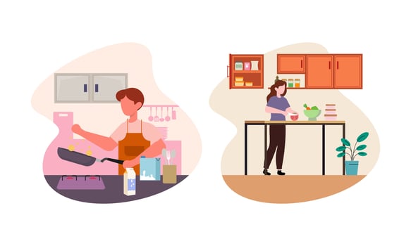 Collection of people cooking in kitchen, serving table, dining together, eating food vector
