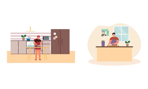 Collection of people cooking in kitchen, serving table, dining together, eating food vector