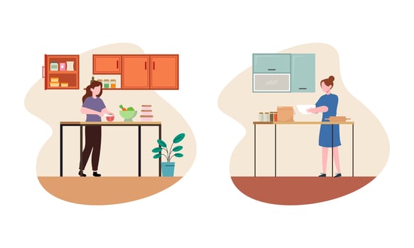 Collection of people cooking in kitchen, serving table, dining together, eating food vector