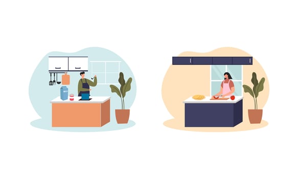Collection of people cooking in kitchen, serving table, dining together, eating food vector