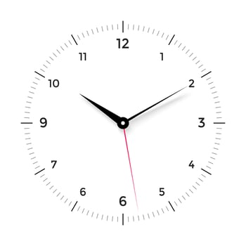 White clock face with black and red pointer on white background vector