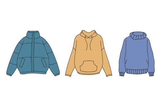 Collection of hand-drawn autumn winter clothes. Jacket sweater sweatshirt in doodle style vector