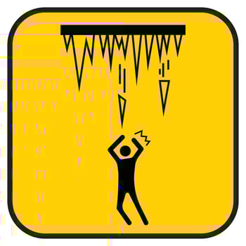 Caution sharp falling ices from ceiling roof icon sign banner isolated on square yellow background. Simple flat cartoon art styled drawing for winter time poster prints. vector